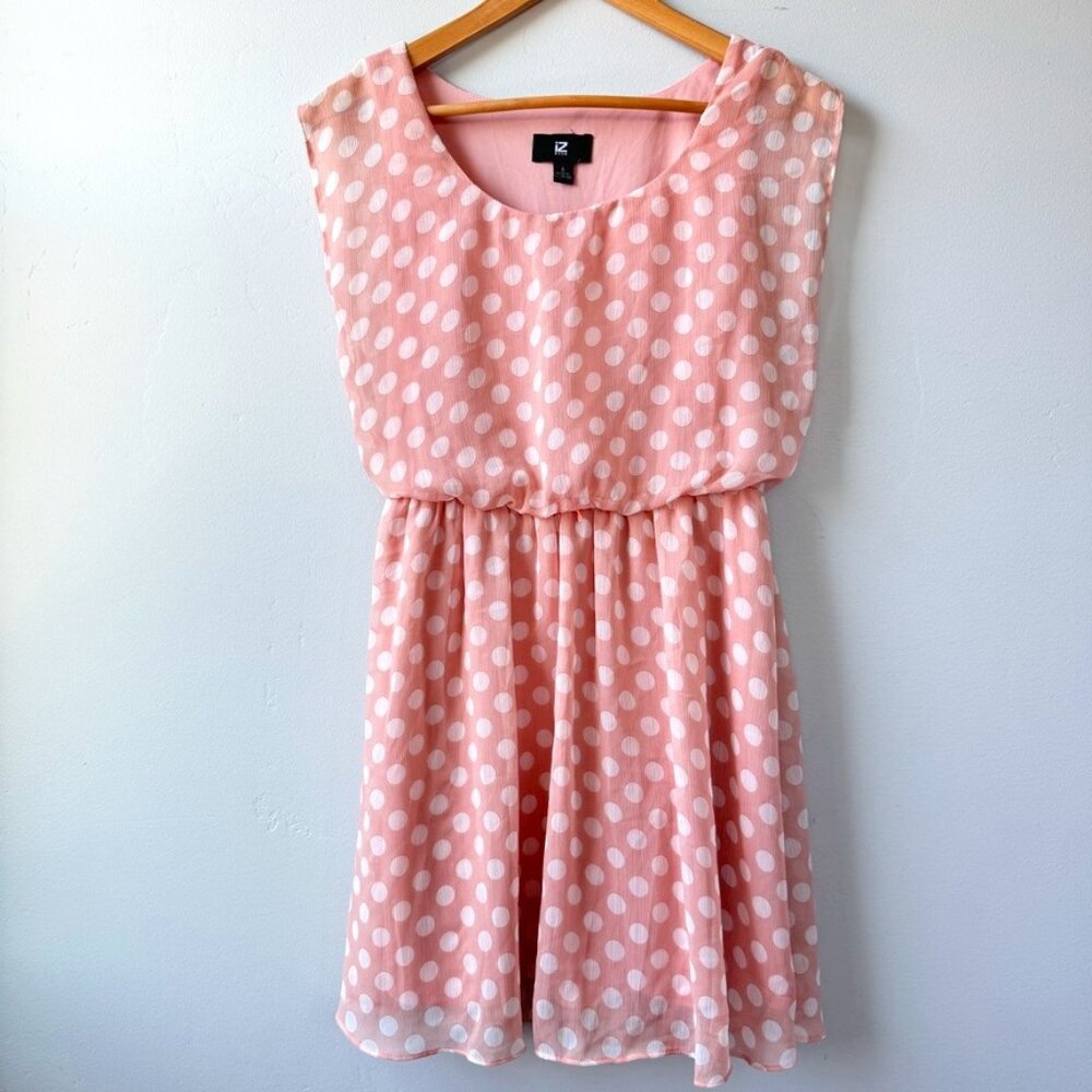 IZ Byer Small Polka Dot Blush Pink and White Midi Dress Office Baby Shower